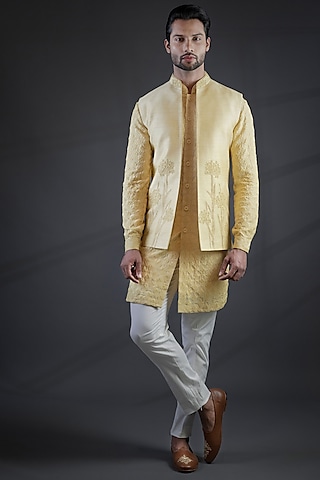 Light Yellow Moonga Silk Embroidered Indowestern Set by Punit Arora