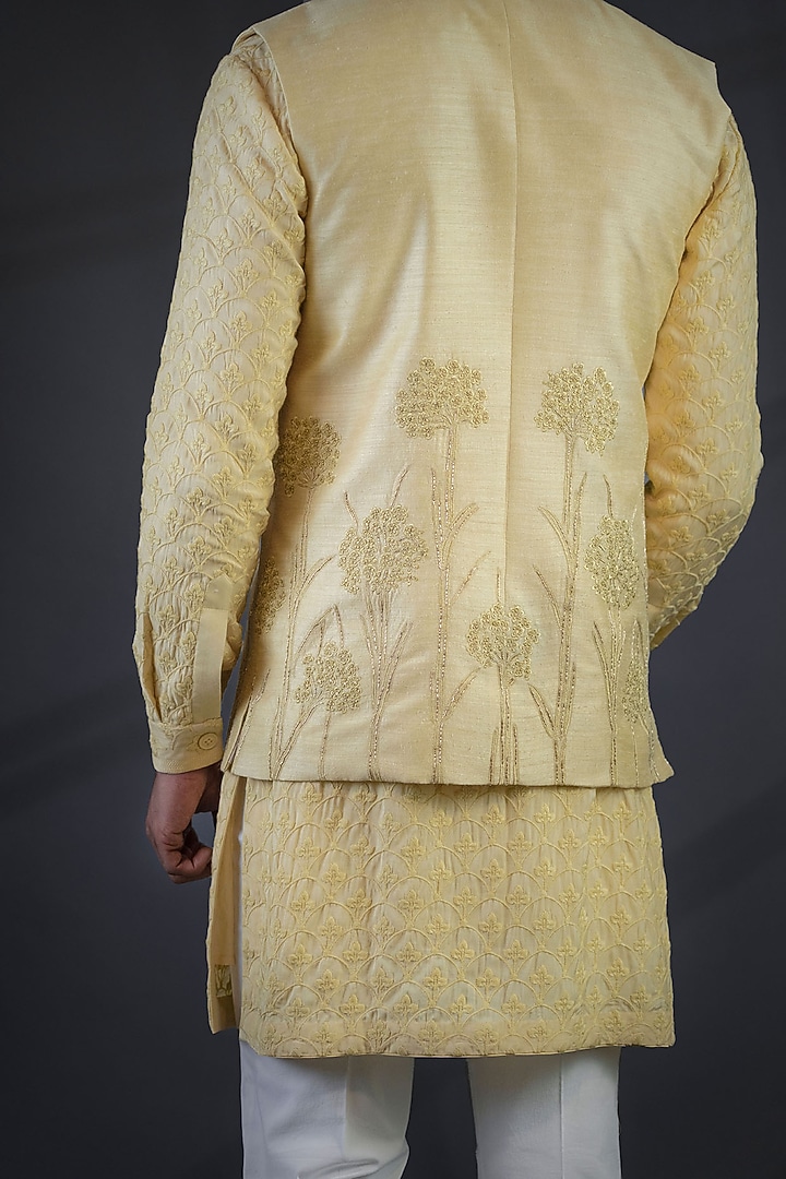 Light Yellow Moonga Silk Embroidered Wedding Indowestern Set by Punit Arora at Pernia's Pop Up Shop