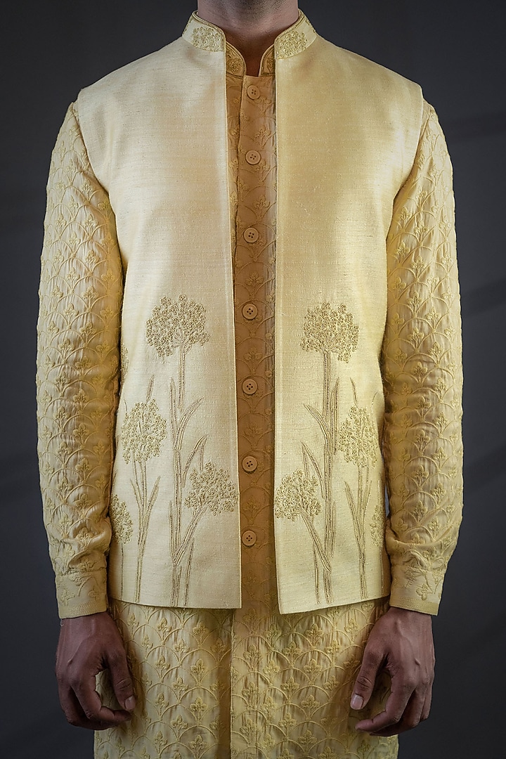 Light Yellow Moonga Silk Embroidered Wedding Indowestern Set by Punit Arora at Pernia's Pop Up Shop