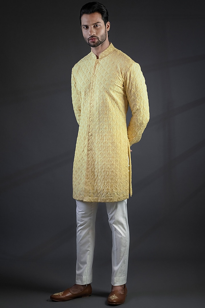 Light Yellow Moonga Silk Embroidered Wedding Indowestern Set by Punit Arora at Pernia's Pop Up Shop