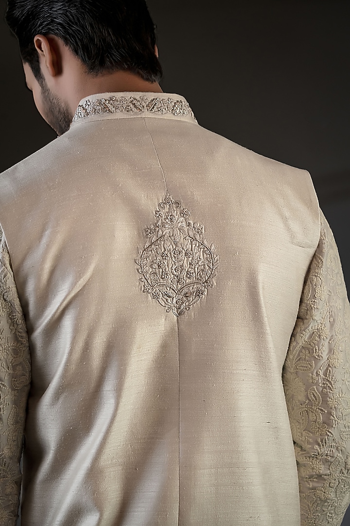 Light Grey Moonga Silk Embroidered Wedding Indowestern Set by Punit Arora at Pernia's Pop Up Shop