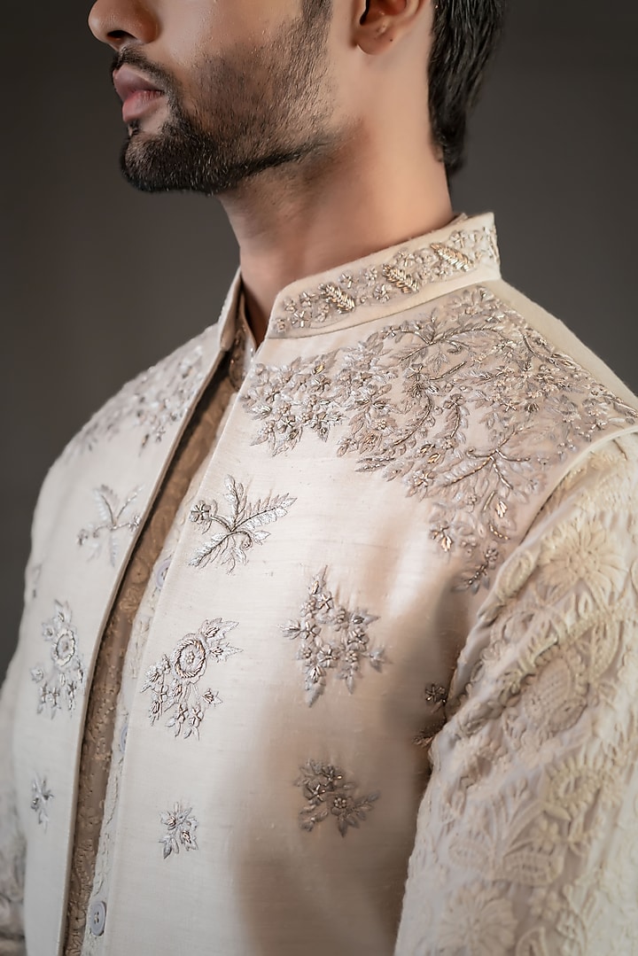 Light Grey Moonga Silk Embroidered Wedding Indowestern Set by Punit Arora at Pernia's Pop Up Shop