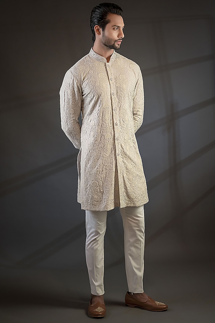 Light Grey Moonga Silk Embroidered Wedding Indowestern Set by Punit Arora at Pernia's Pop Up Shop