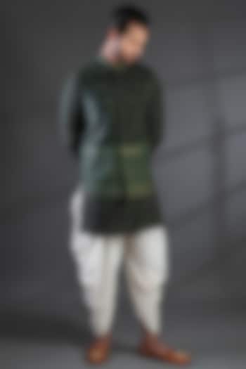 Dark Green Matka Silk Bundi Jacket Set by Punit Arora