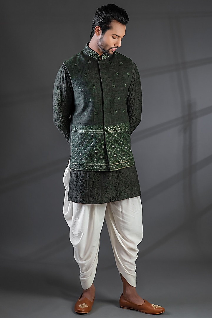 Dark Green Matka Silk Bundi Jacket Set by Punit Arora