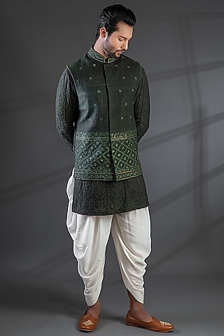 Dark Green Matka Silk Bundi Jacket Set by Punit Arora