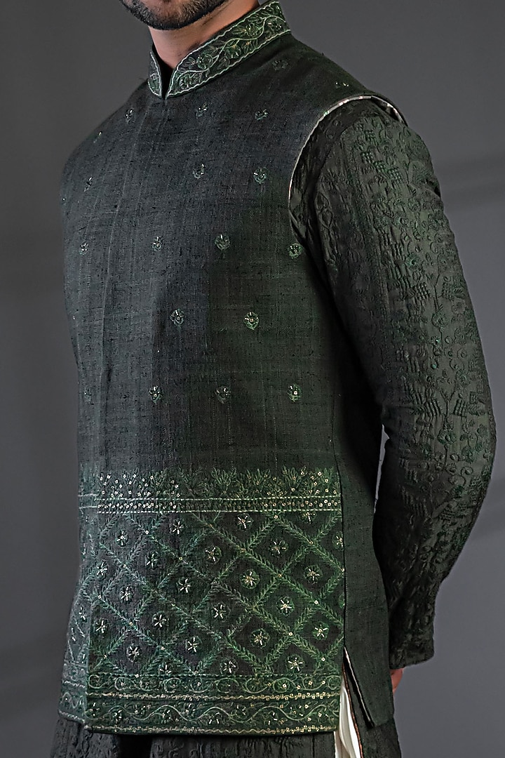 Dark Green Matka Silk Bundi Jacket Set by Punit Arora at Pernia's Pop Up Shop