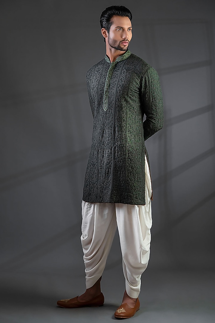 Dark Green Matka Silk Bundi Jacket Set by Punit Arora at Pernia's Pop Up Shop