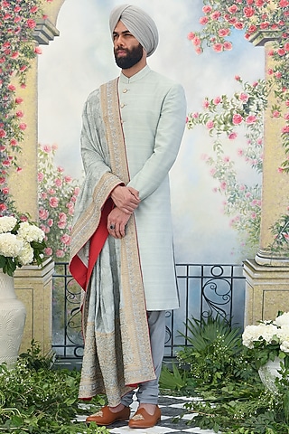 Greenish Grey Embroidered Sherwani Set by Punit Arora