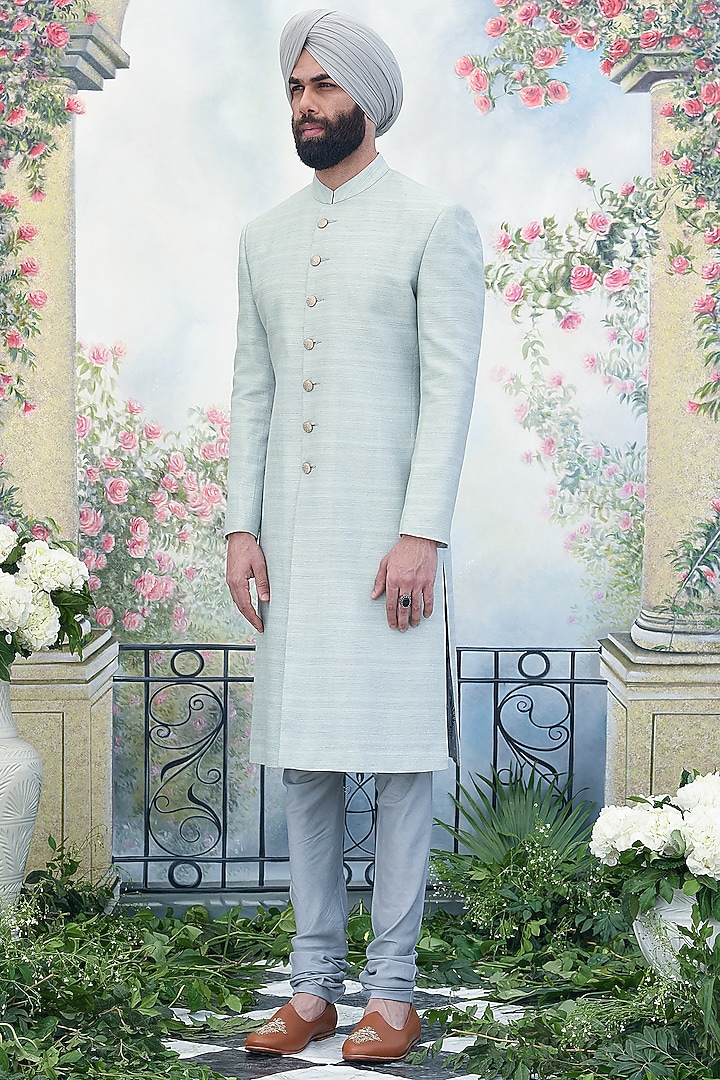 Greenish Grey Embroidered Groom Sherwani Set by Punit Arora at Pernia's Pop Up Shop