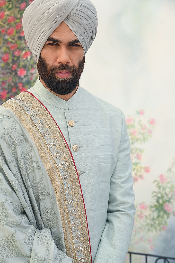 Greenish Grey Embroidered Groom Sherwani Set by Punit Arora at Pernia's Pop Up Shop