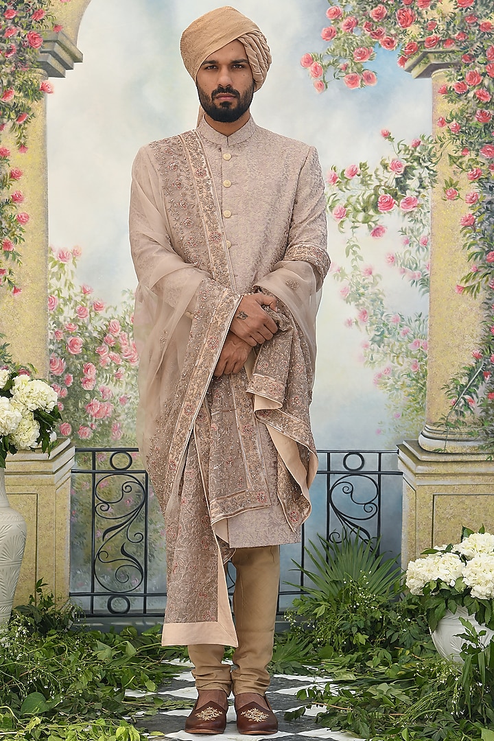 Rose Gold Silk Embroidered Sherwani Set by Punit Arora