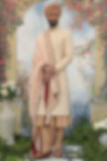 Peach Silk Embroidered Groom Sherwani Set by Punit Arora at Pernia's Pop Up Shop