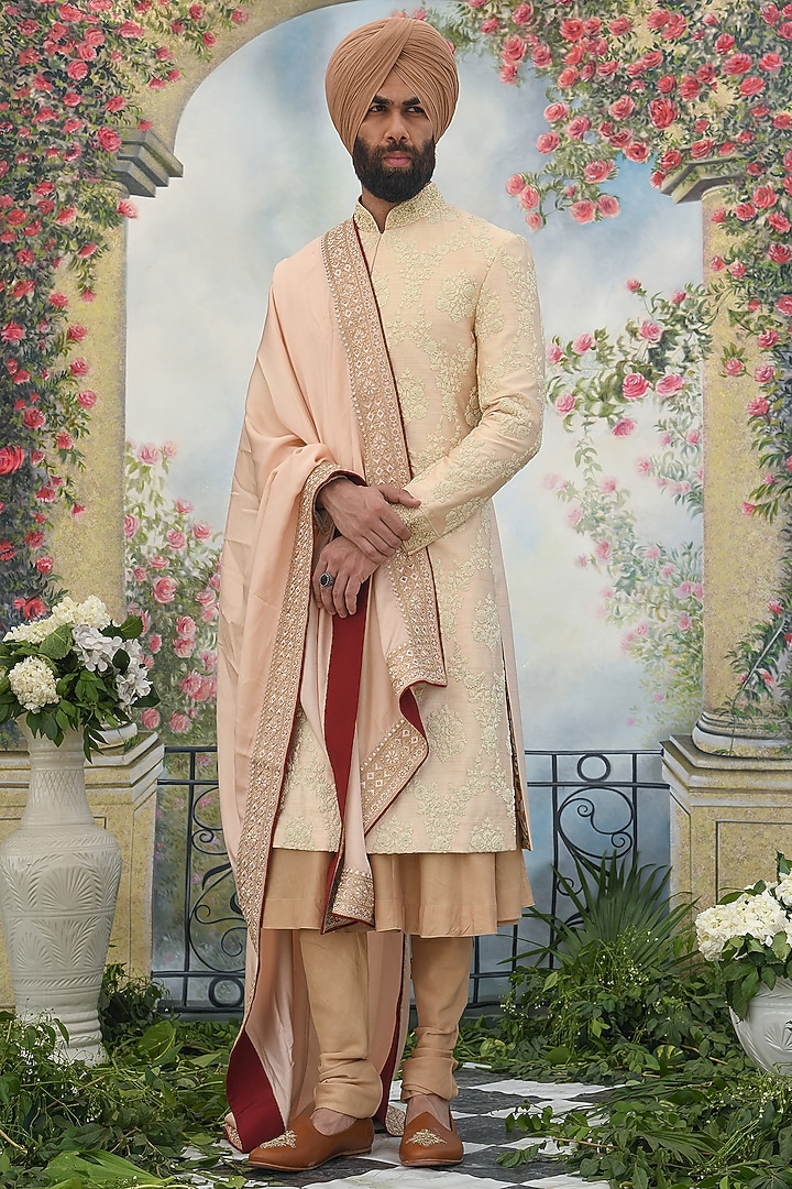 Peach Silk Embroidered Groom Sherwani Set by Punit Arora at Pernia's Pop Up Shop