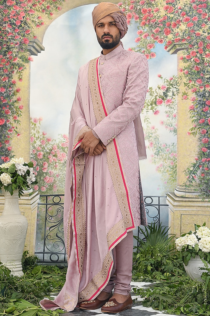 Pink Embroidered Sherwani Set by Punit Arora