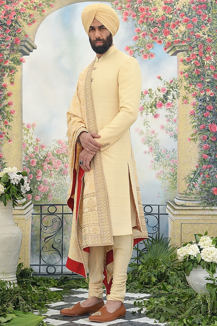 Ceam Gold Matka Silk Embroidered Sherwani Set by Punit Arora