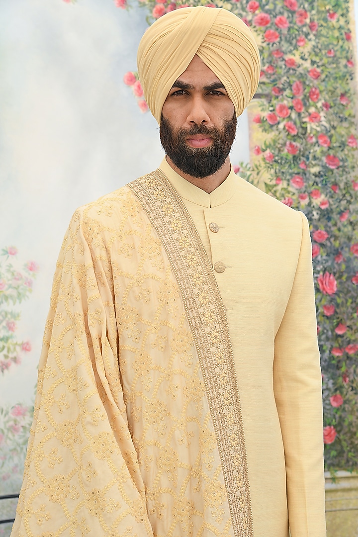 Ceam Gold Matka Silk Embroidered Groom Sherwani Set by Punit Arora at Pernia's Pop Up Shop