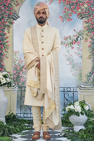 Ivory Silk Embroidered Sherwani Set by Punit Arora