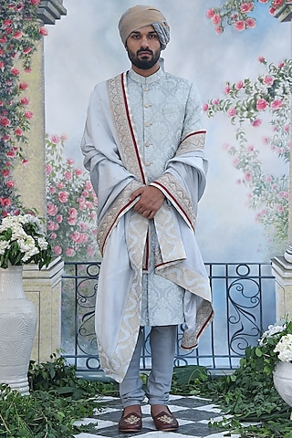 Light Blue Silk Thread Embroidered Sherwani Set by Punit Arora