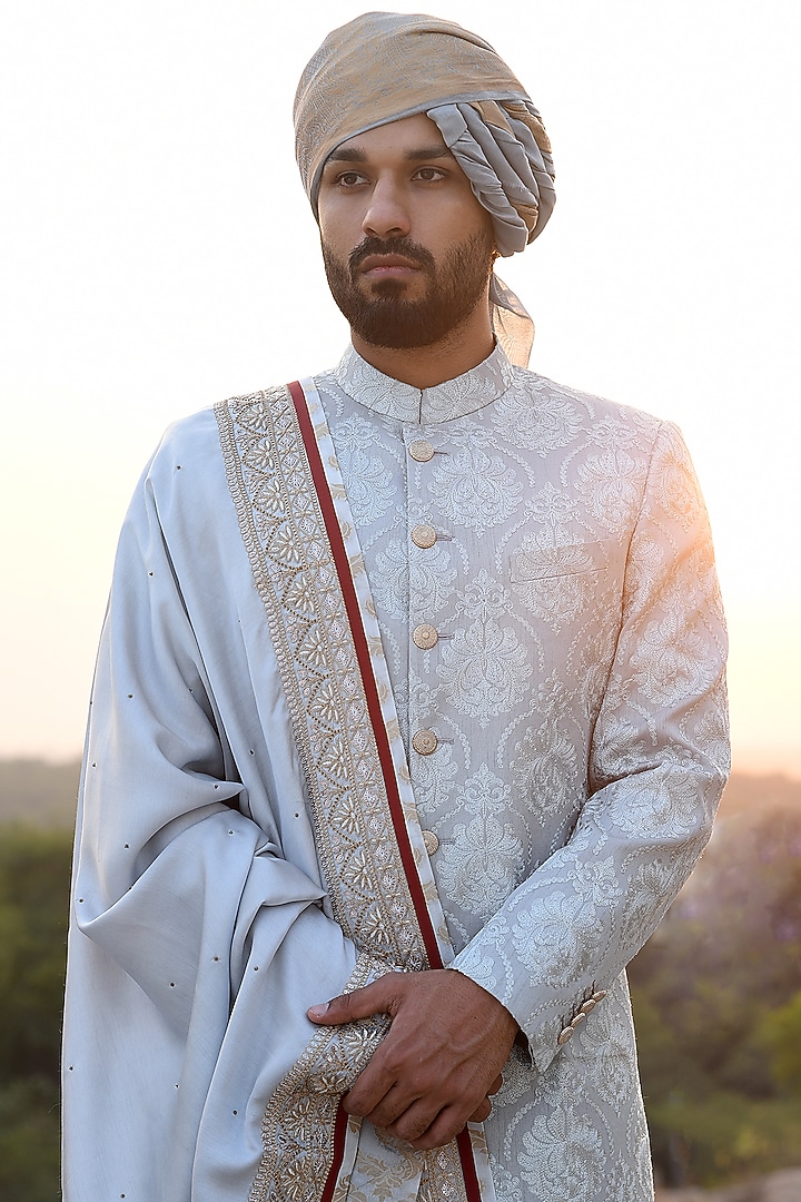Light Blue Silk Thread Embroidered Groom Sherwani Set by Punit Arora at Pernia's Pop Up Shop