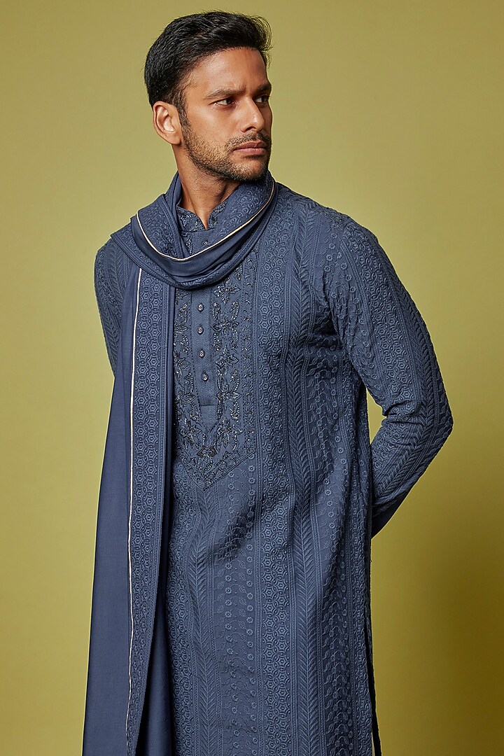 Sapphire Blue Modal Handwork Kurta Set by Punit Arora at Pernia's Pop Up Shop