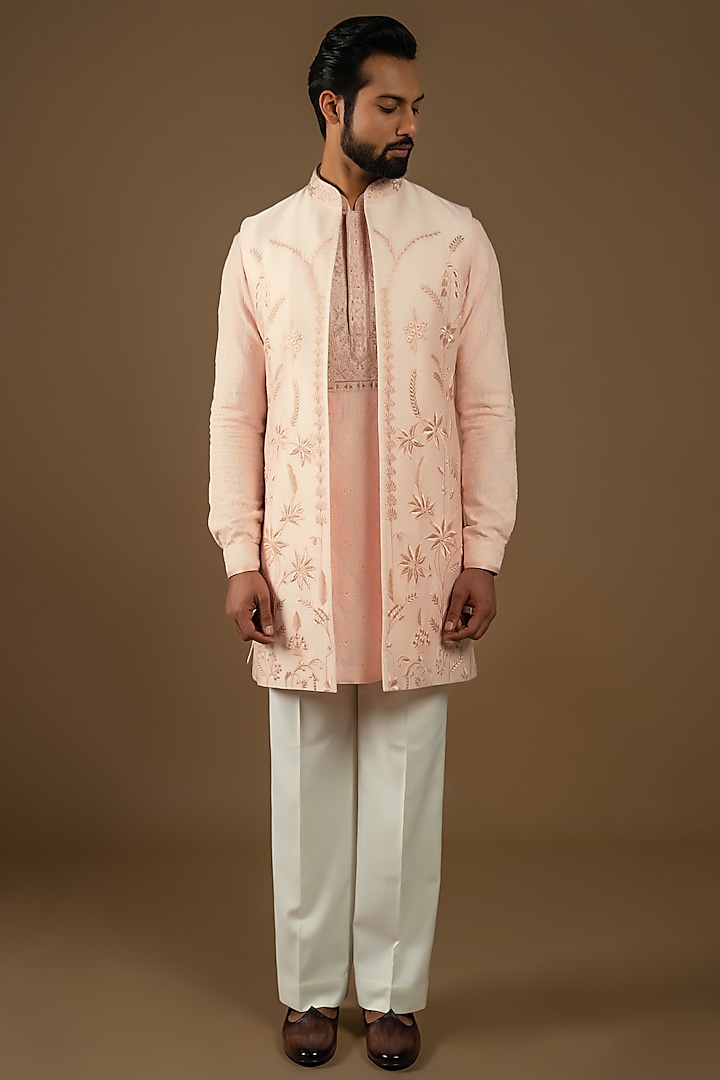 Beloved Pink Matka Silk Thread Embroidered Indo-Western Set by Punit Arora at Pernia's Pop Up Shop