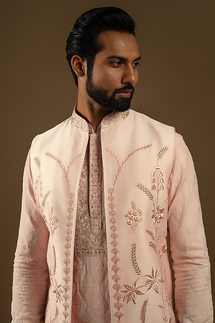 Beloved Pink Matka Silk Thread Embroidered Indo-Western Set by Punit Arora at Pernia's Pop Up Shop