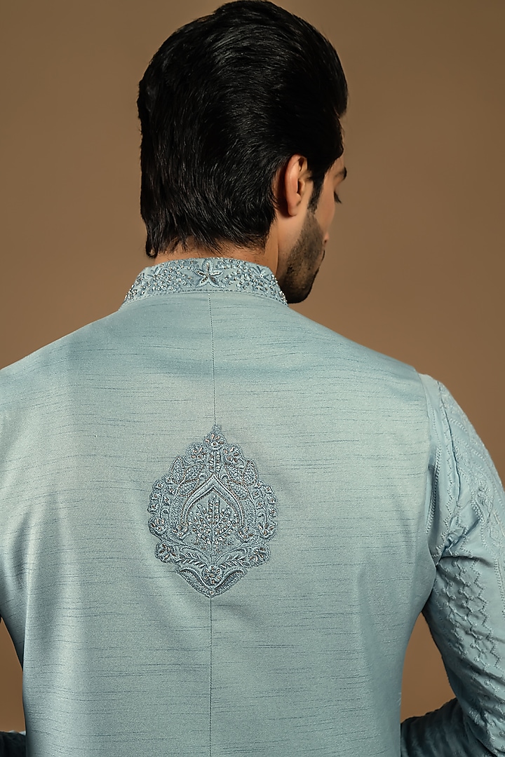 Pacific Blue Cotton Silk Floral Thread Embroidered Indo-Western Set by Punit Arora at Pernia's Pop Up Shop
