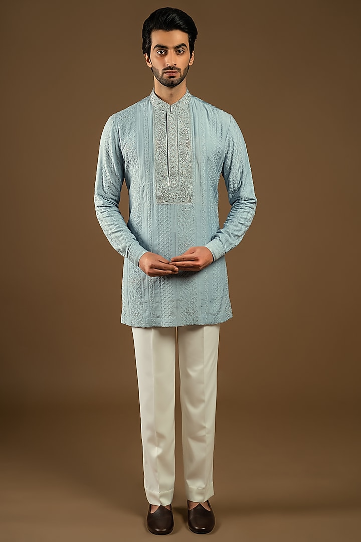 Pacific Blue Cotton Silk Floral Thread Embroidered Indo-Western Set by Punit Arora at Pernia's Pop Up Shop
