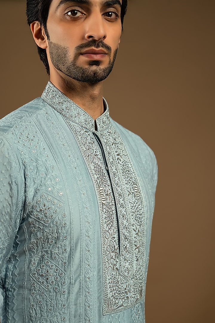 Pacific Blue Cotton Silk Floral Thread Embroidered Indo-Western Set by Punit Arora at Pernia's Pop Up Shop