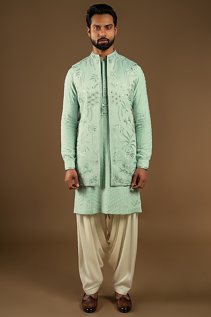 Aqua Mint Cotton Silk Thread Embroidered Indo-Western Set by Punit Arora