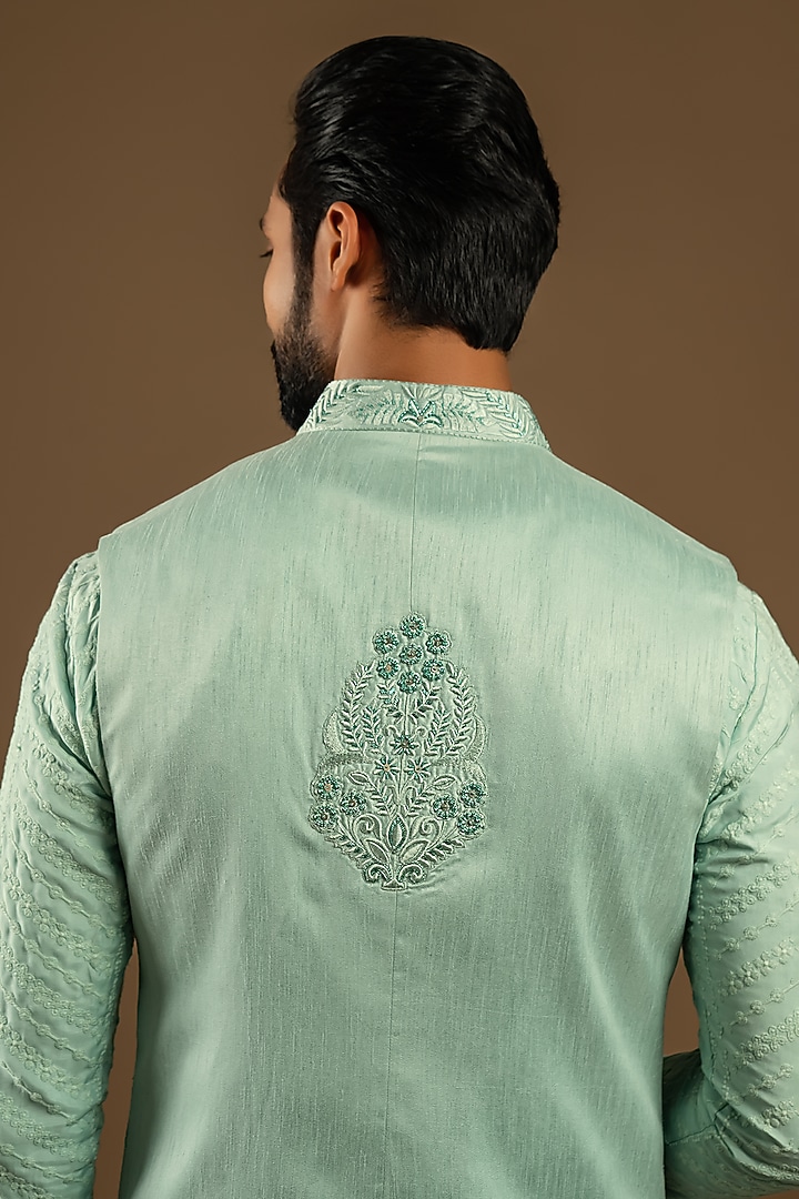 Aqua Mint Cotton Silk Thread Embroidered Indo-Western Set by Punit Arora at Pernia's Pop Up Shop