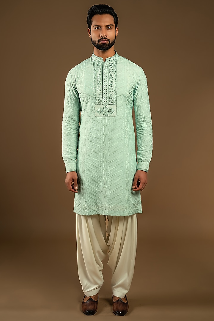 Aqua Mint Cotton Silk Thread Embroidered Indo-Western Set by Punit Arora at Pernia's Pop Up Shop
