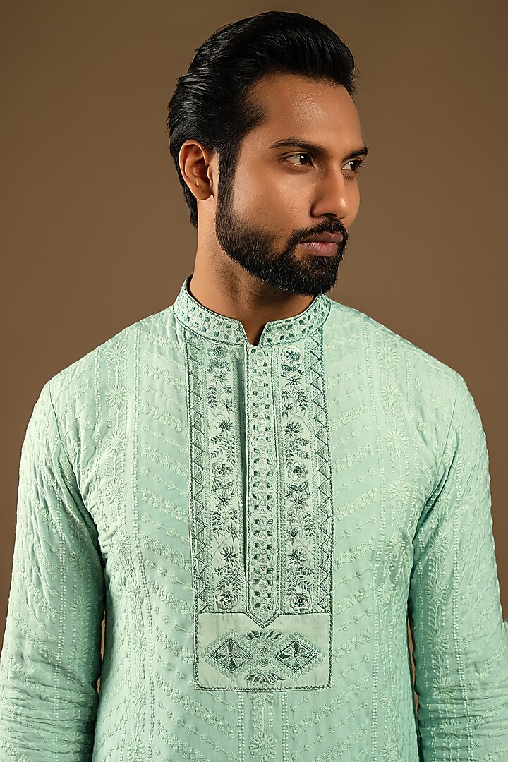 Aqua Mint Cotton Silk Thread Embroidered Indo-Western Set by Punit Arora at Pernia's Pop Up Shop