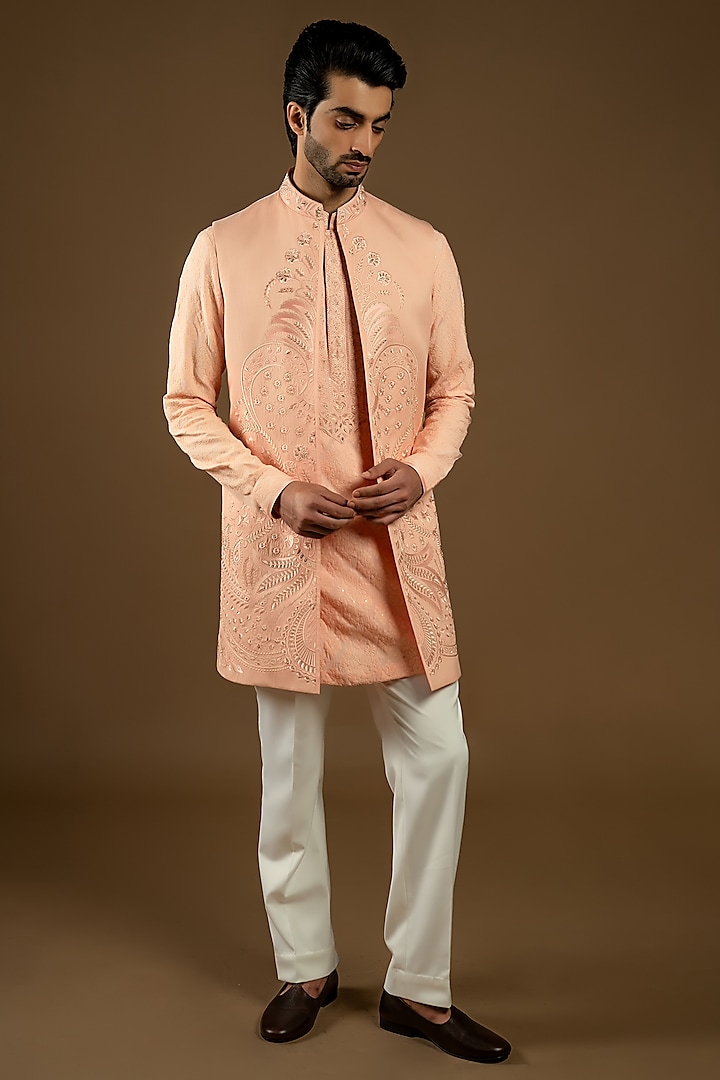 Peach Cotton Silk Indo-Western Set by Punit Arora