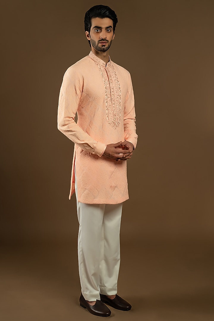 Peach Cotton Silk Indo-Western Set by Punit Arora at Pernia's Pop Up Shop