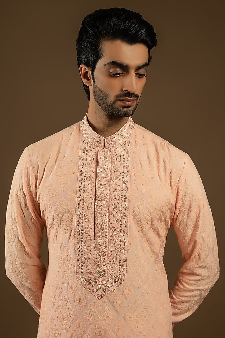 Peach Cotton Silk Indo-Western Set by Punit Arora at Pernia's Pop Up Shop