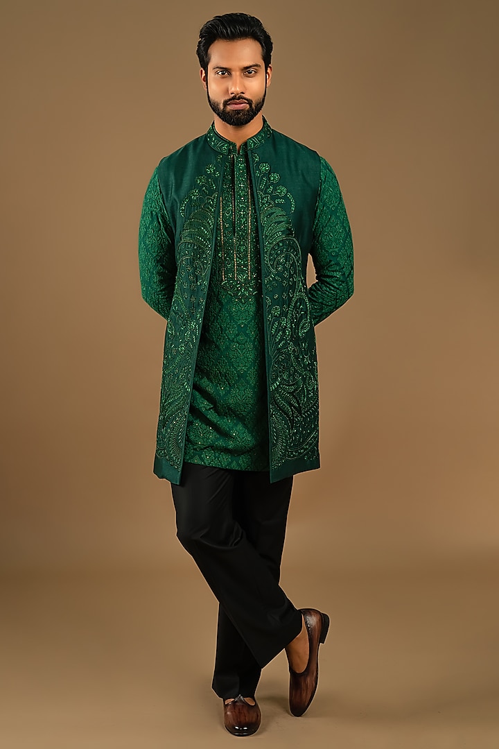 Emerald Green Cotton Silk Floral Jaal Embroidered Indo-Western Set by Punit Arora
