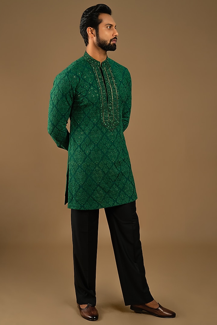 Emerald Green Cotton Silk Floral Jaal Embroidered Indo-Western Set by Punit Arora at Pernia's Pop Up Shop