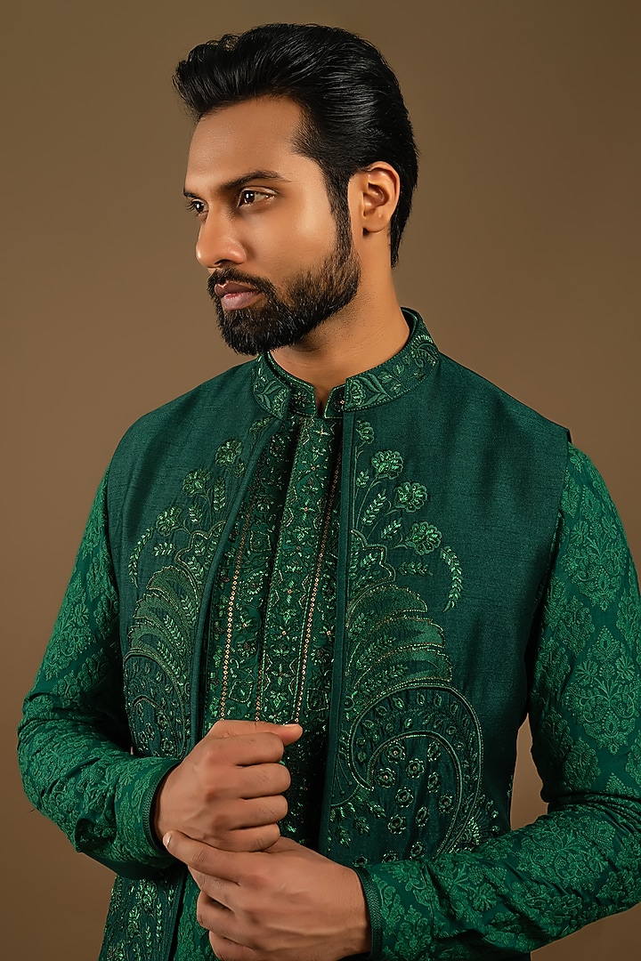 Emerald Green Cotton Silk Floral Jaal Embroidered Indo-Western Set by Punit Arora at Pernia's Pop Up Shop