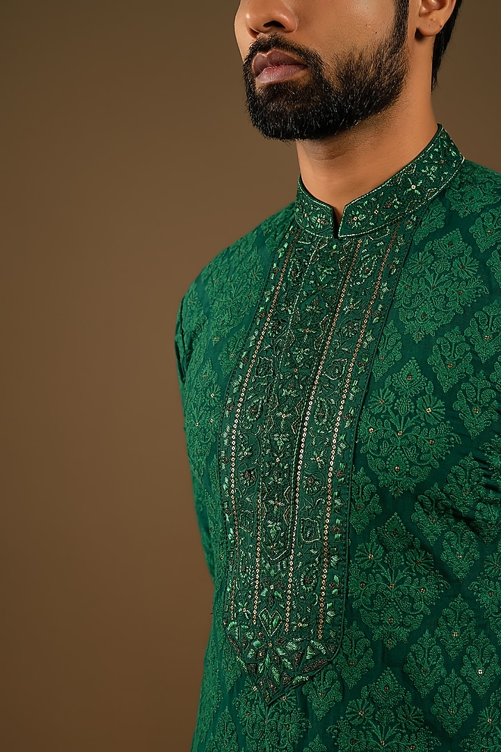 Emerald Green Cotton Silk Floral Jaal Embroidered Indo-Western Set by Punit Arora at Pernia's Pop Up Shop