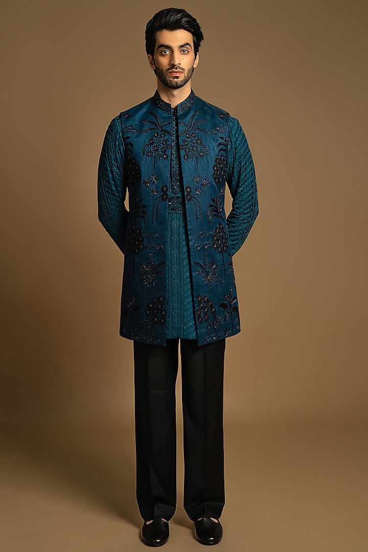 Deep Teal Cotton Silk Floral Thread Embroidered Indo-Western Set by Punit Arora