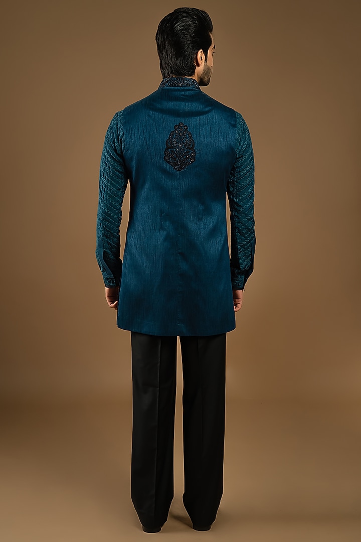 Deep Teal Cotton Silk Floral Thread Embroidered Indo-Western Set by Punit Arora at Pernia's Pop Up Shop