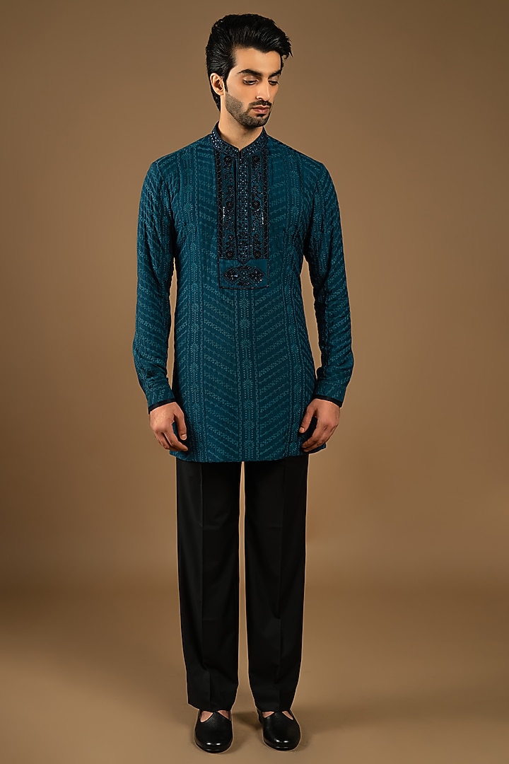 Deep Teal Cotton Silk Floral Thread Embroidered Indo-Western Set by Punit Arora at Pernia's Pop Up Shop