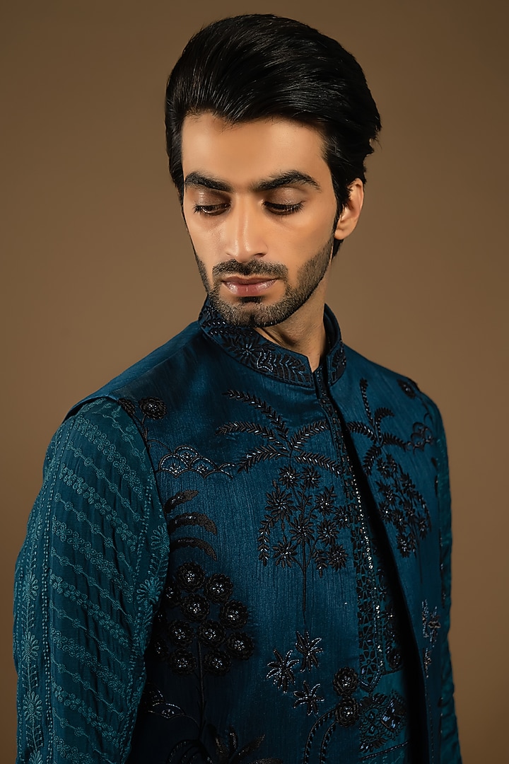 Deep Teal Cotton Silk Floral Thread Embroidered Indo-Western Set by Punit Arora at Pernia's Pop Up Shop