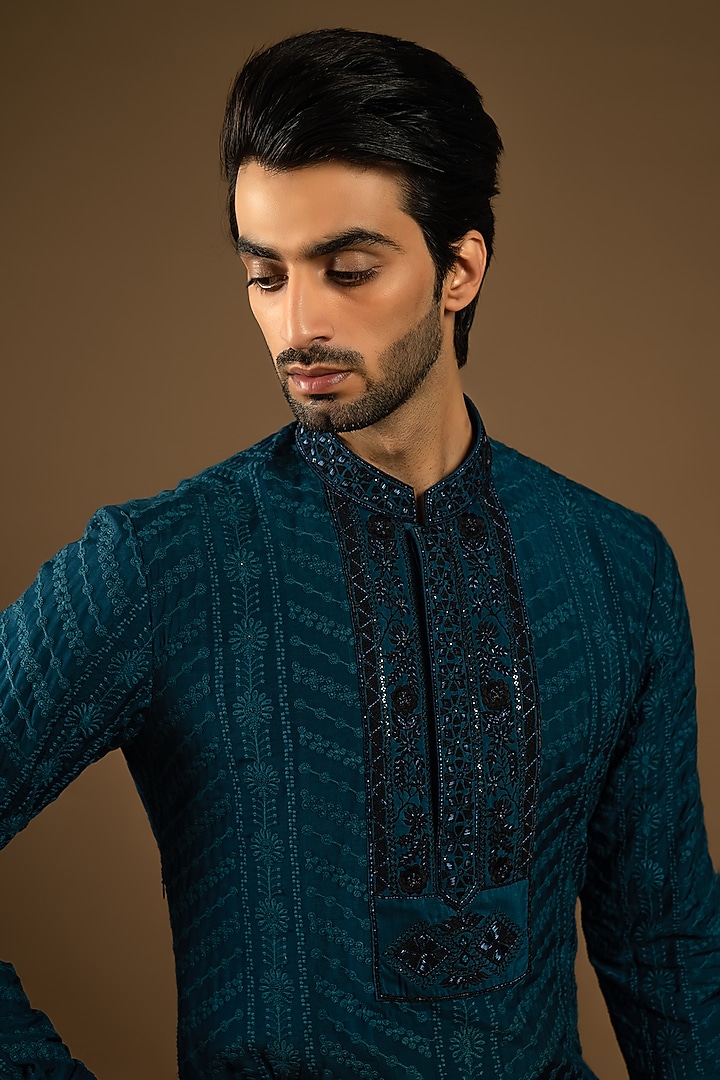 Deep Teal Cotton Silk Floral Thread Embroidered Indo-Western Set by Punit Arora at Pernia's Pop Up Shop
