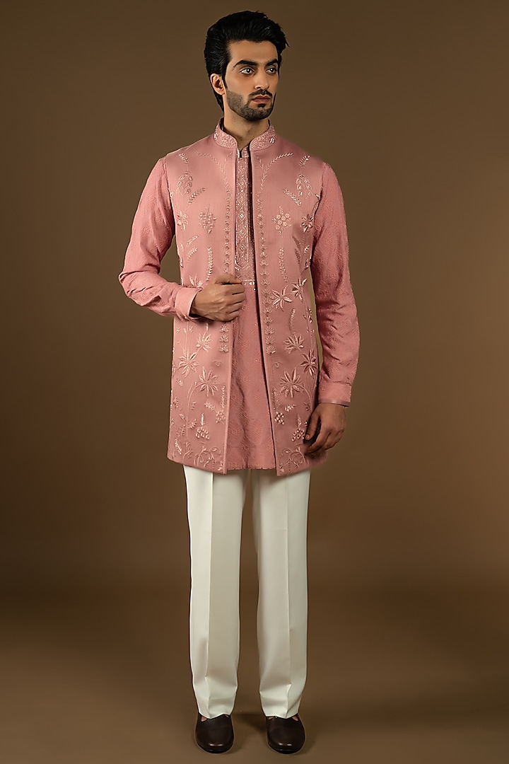 Dusty Rose Pink Cotton Silk Thread Embellished Indo-Western Set by Punit Arora at Pernia's Pop Up Shop