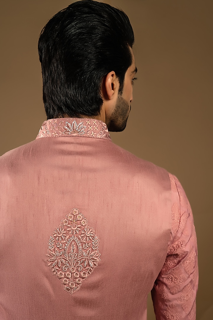 Dusty Rose Pink Cotton Silk Thread Embellished Indo-Western Set by Punit Arora at Pernia's Pop Up Shop