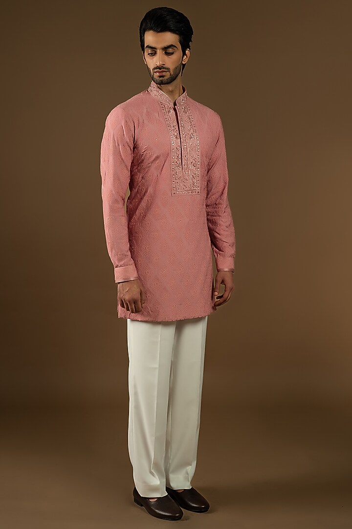 Dusty Rose Pink Cotton Silk Thread Embellished Indo-Western Set by Punit Arora at Pernia's Pop Up Shop