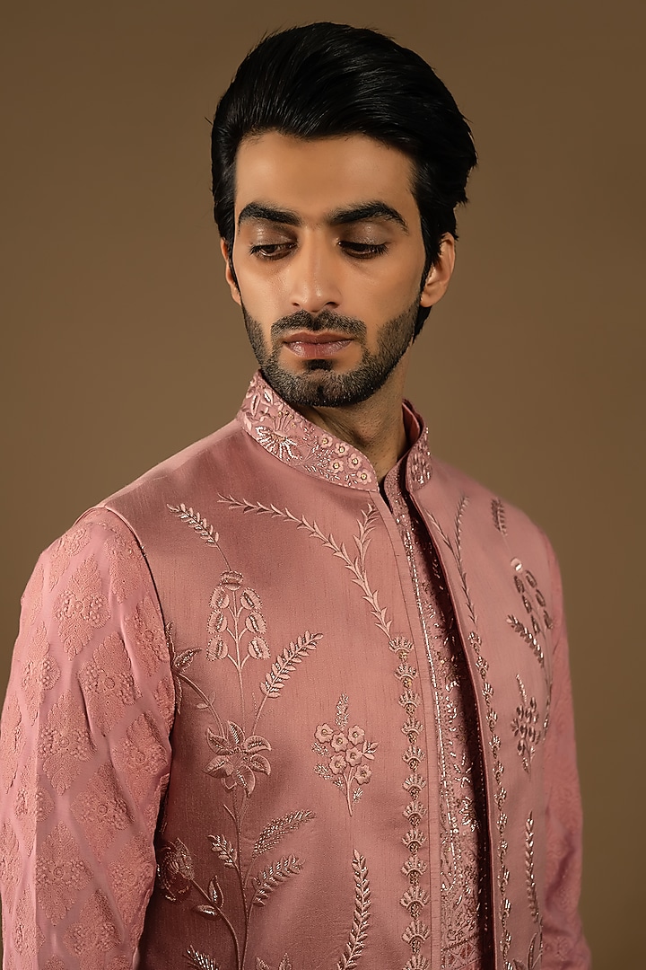 Dusty Rose Pink Cotton Silk Thread Embellished Indo-Western Set by Punit Arora at Pernia's Pop Up Shop